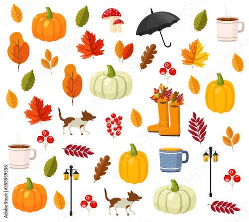Hello autumn  autumn pattern  flat set autumn elements  colored leaves  pumpkin  tea cup  autumn boots  umbrella  dog  mushrooms and street lamp