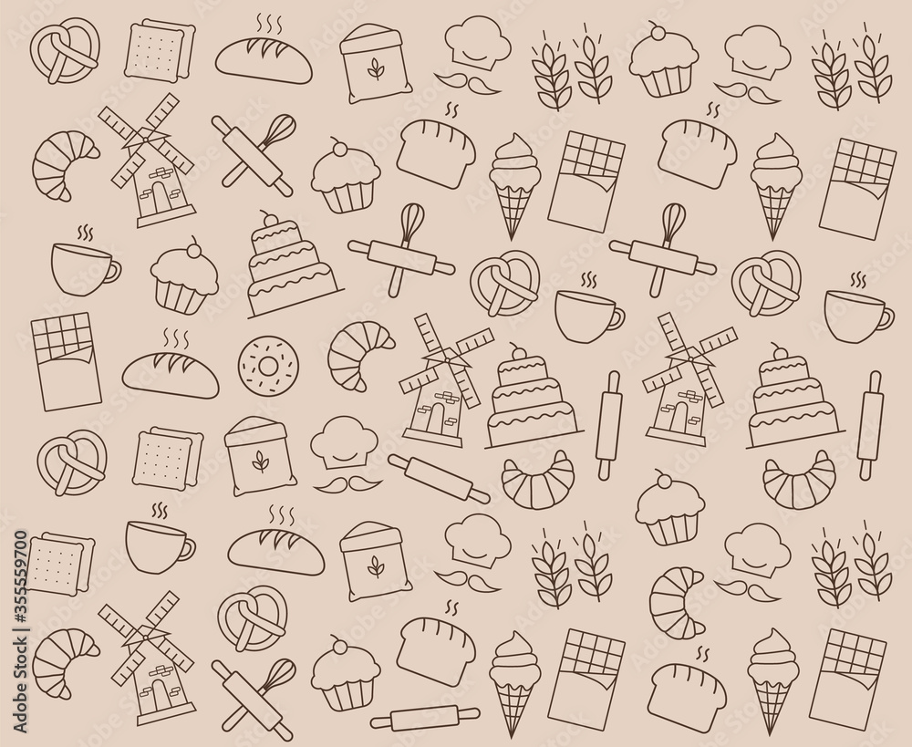 Bakery shop elements, isolated icons, sweet shop, pattern set, vector outline icon collection