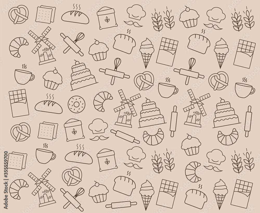 Bakery shop elements, isolated icons, sweet shop, pattern set, vector outline icon collection Bakery shop elements, isolated icons, sweet shop, pattern set, vector outline icon collection