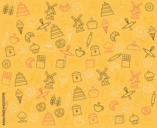 Bakery shop elements, isolated icons, sweet shop, pattern set, vector outline icon collection