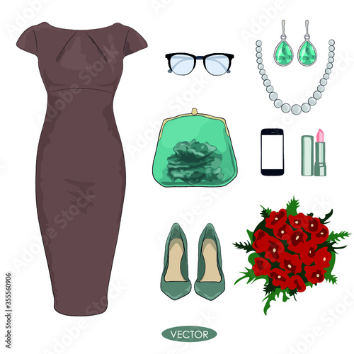 Fashion concept. Stylish and trendy evening outfit for girl. Beige cocktail dress with bouquet and  others accessories - Vector Illustration