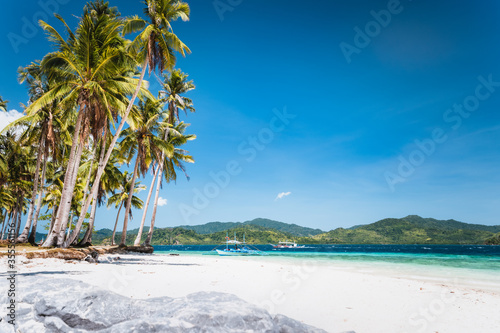 Ipil beach with coconut palm trees  sandy beach and blue ocean. El Nido  Palawan  Philippines