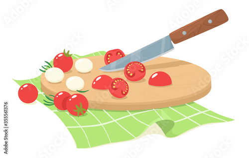 Sliced cherry tomatoes with mozzarella and rosemary leaves. Sliced shares of cherry tomatoes. Vector illustration in flat style.