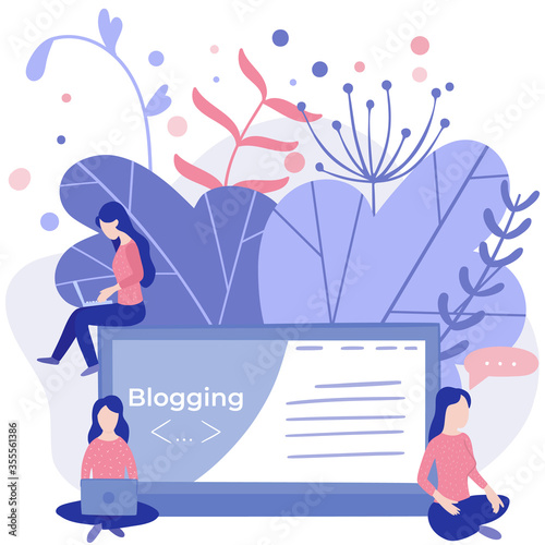 Video blogger, freelancer miniature people blogging a new content on website. Make review digital technology flat cartoon miniature illustration vector graphic on white background.