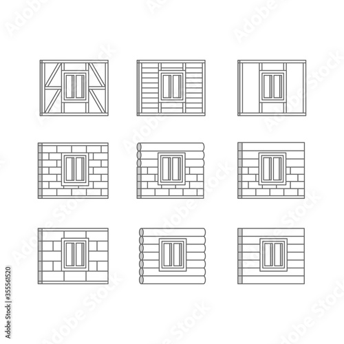 Building materials of country houses - frame, log, wooden, beam, timber, brick,  concrete block - construction vector set of house facades - isolated icons
