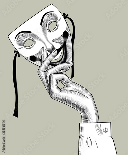 Engraved drawing of a female hand with a Joker mask