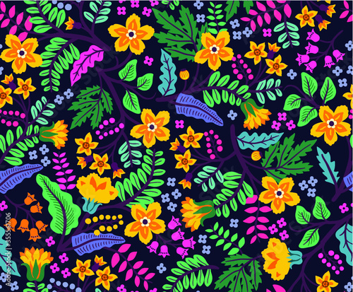 Trendy seamless vector floral pattern. Endless print made of small yellow flowers, leaves and berries. Summer and spring motifs. Dark blue background.Vector illustration. © ann_and_pen