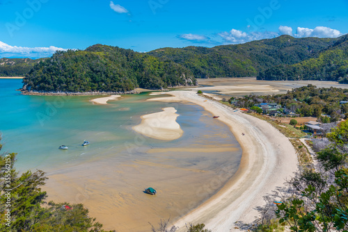 Aerial view of beach at Torrent bay at Abel Tasman national park in New Zealand