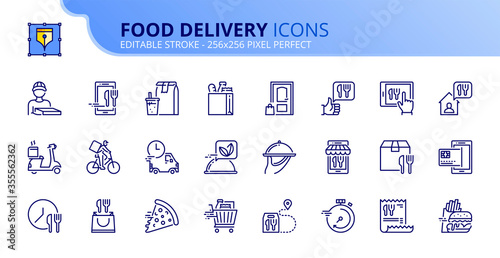 Simple set of outline icons about food delivery.