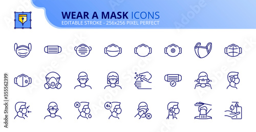 Simple set of outline icons about wear a mask. COVID-19 prevention photo