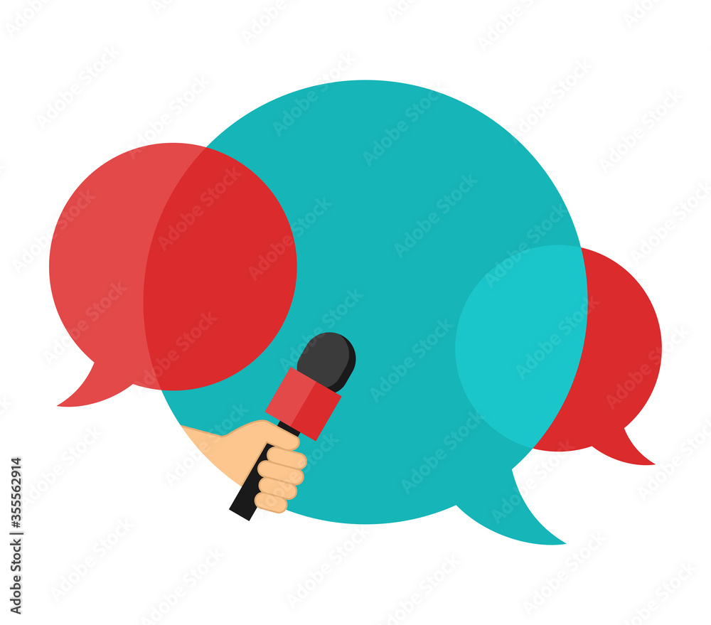 Media interview icon or press conference - microphone in hand and dialog bubbles with place for text -  isolated template for breaking news headline, banner or poster - obrazy, fototapety, plakaty 