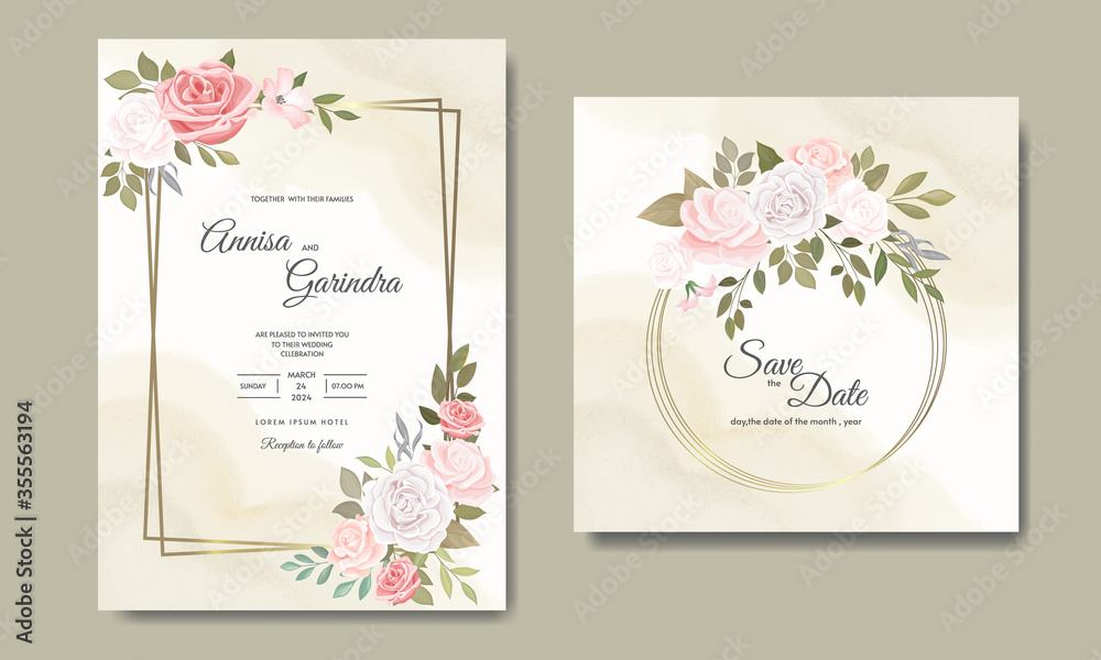 Wedding invitation card template set with beautiful colourful floral leaves