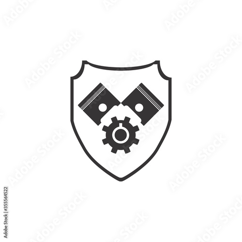 Shield with Gear and Piston machine protection logo design vector