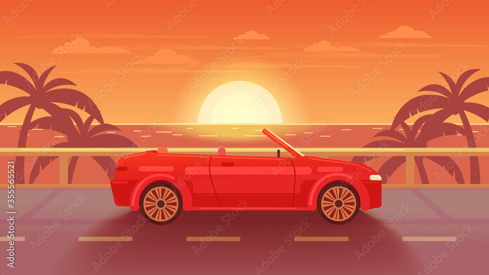 Tropical landscape. The road to the sea at sunset. Red cabriolet.