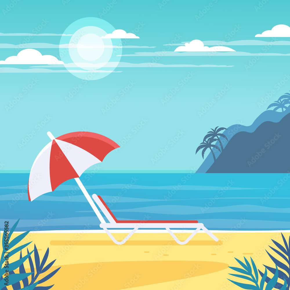 Tropical landscape. Palm trees and tropical plants. Seascape. Beach chair with umbrella on the beach.