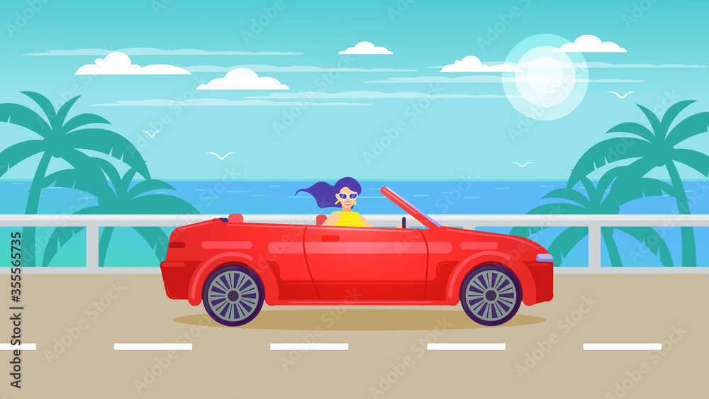 Tropical landscape. A woman rides a red cabriolet on the way to the sea. Tropical landscape. A woman rides a red cabriolet on the way to the sea.