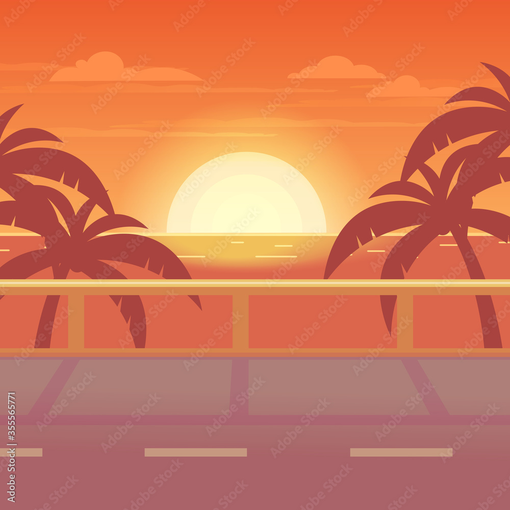 Tropical landscape. The road to the sea at sunset.