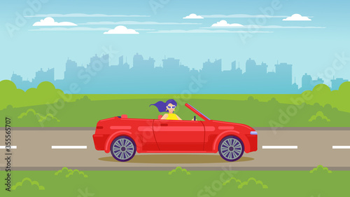 Road outside the city. Landscape. Nature and the city. Woman rides a red convertible.