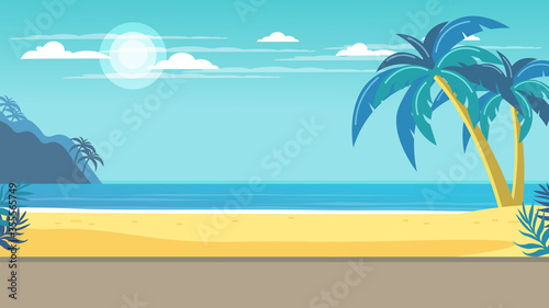 Tropical landscape. Palm trees and tropical plants. Seascape.