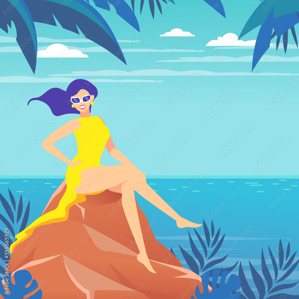 Poster. A woman sits on a stone by the sea, ocean. Tropical landscape.