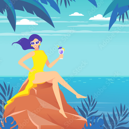 Poster. A woman sits on a stone by the sea, ocean. Tropical landscape. Woman on vacation with a cocktail.