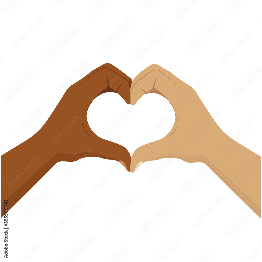Fototapeta premium No to racism. Heart shape with hands. Friendship between people. Stop discrimination. Black and white skin. Hands of love. Together against racism. Symbol of love. Isolated work. Vector EPS 10