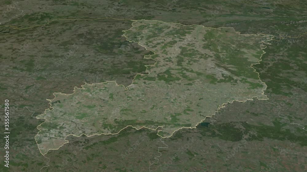 Rivne, region with its capital, zoomed and extruded on the satellite map of Ukraine in the conformal Stereographic projection. Animation 3D