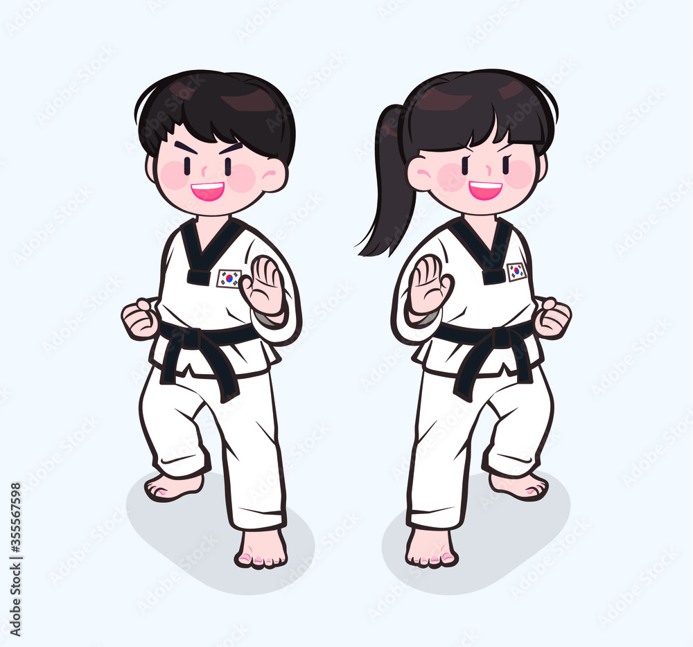 태권도를 하는 귀여운 캐릭터 일러스트.