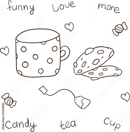 Cup with tea, cookies and sweets. Hearts. Separate on a white background.