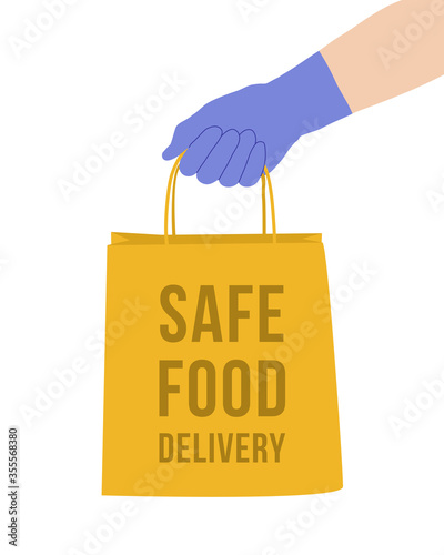 Vector illustration with couriers hand in blue protective glove holding delivery paper bag with food. Safe food delivery service concept design during covid-19 quarantine