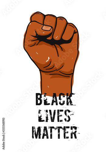 Vector illustration of Black Lives Matter text, clenched fist held high in protest. Hand raised up isolated. Human rights and equality concept. Sticker, patch, poster, print design.