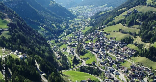 Aerial of Santa Christina in Val gardena. Beautiful Alpine town in spring 4K
