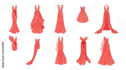 Dresses for prom, gala evening, wedding, masquerade, points. Set of different dresses. Modern and classic style.