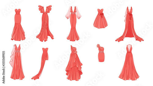 Dresses for prom, gala evening, wedding, masquerade, points. Set of different dresses. Modern and classic style.