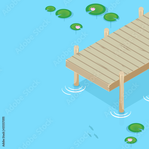 Isometric vector vacation on the lake. Pier on the lake, river, pond.