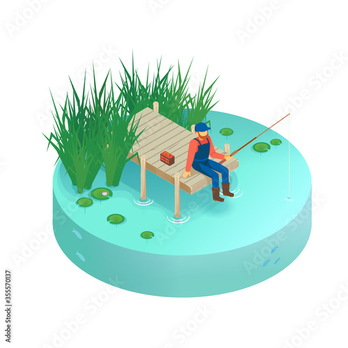 Isometric vector vacation on the lake. Pier on the lake, river, pond. Fisherman fishing on the pier. A man with a fishing rod sitting on the pier.