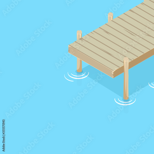 Pier on the water. Isometric vector. Water surface. Pier on the sea, lake, river, pond.