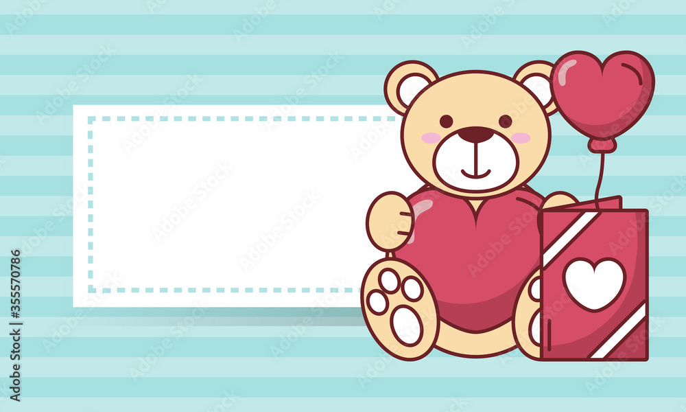 Valentines day teddy bear with heart balloon and card vector design Valentines day teddy bear with heart balloon and card vector design