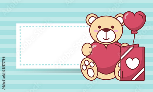Valentines day teddy bear with heart balloon and card vector design