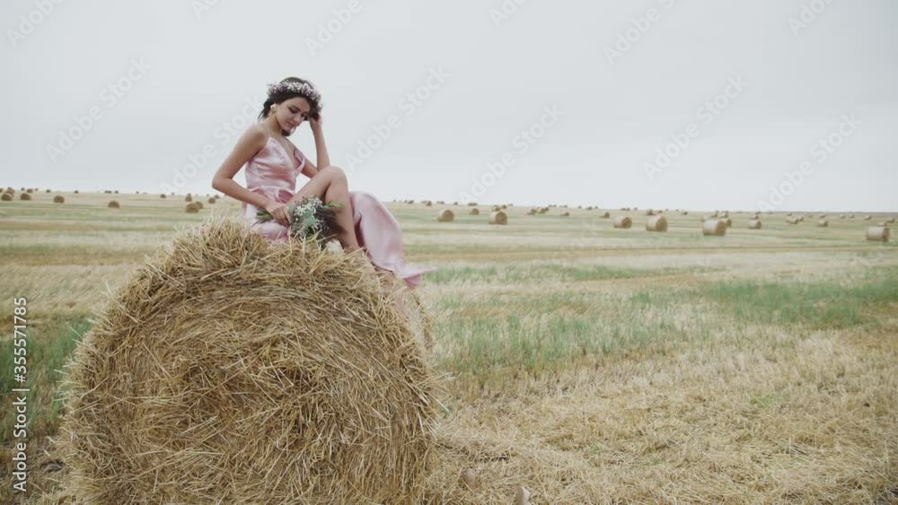Elegant lady in dress posing with smile for camera on a haystack in windy field Elegant lady in dress posing with smile for camera on a haystack in windy field