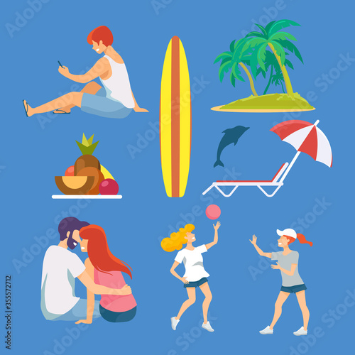 Set of pastime on the seashore. Summer vacation fun. Summertime fun. Adventure travel. 