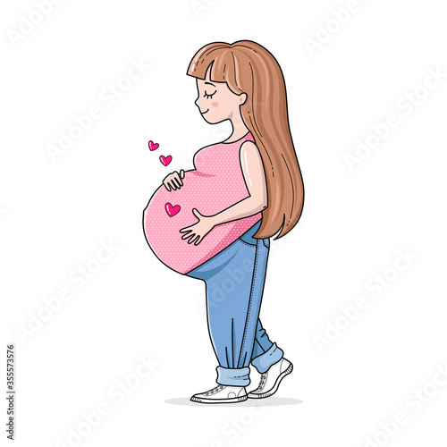 Beautiful pregnant woman on the walk. Happy mother to be. Cute big pregnant belly. Pregnancy illustration for card and print.