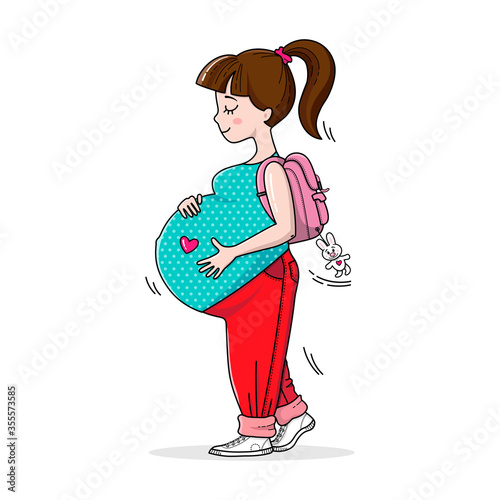 Beautiful happy mother to be. Fashion and style for pregnant women. Pregnant teenage girl on the walk. Cute big pregnant belly. Pregnancy illustration for card and print.