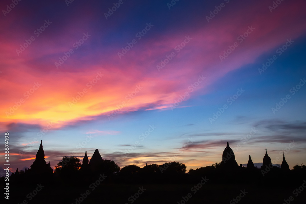 colorful sunset in Bagan, Myanmar.