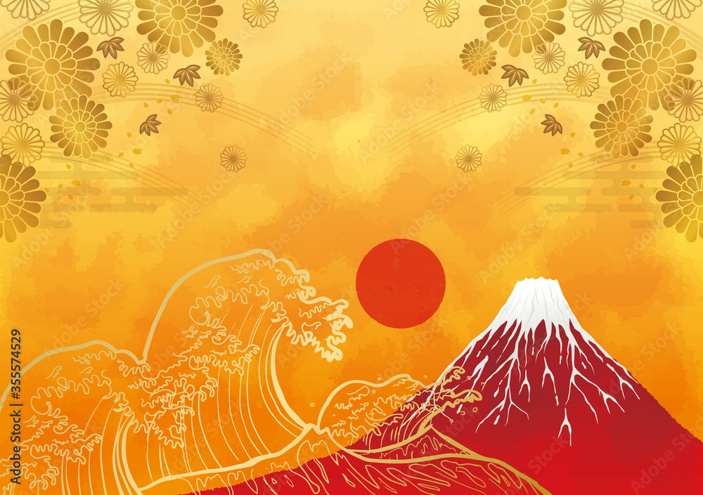 初日の出と赤富士と海：年賀状 赤富士 富士山 ご来光 海 初日の出 太陽 