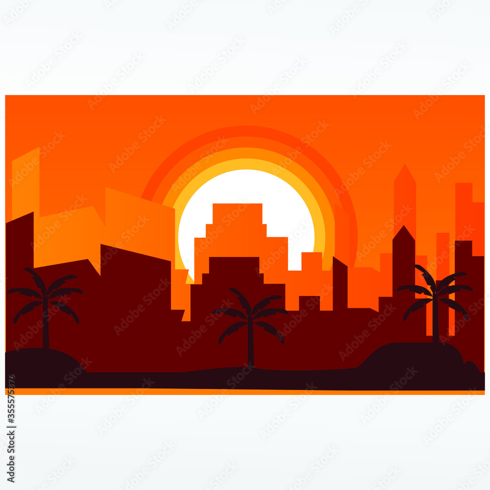Sunset or sunrise landscape illustration background in the city. nature landscape background. 