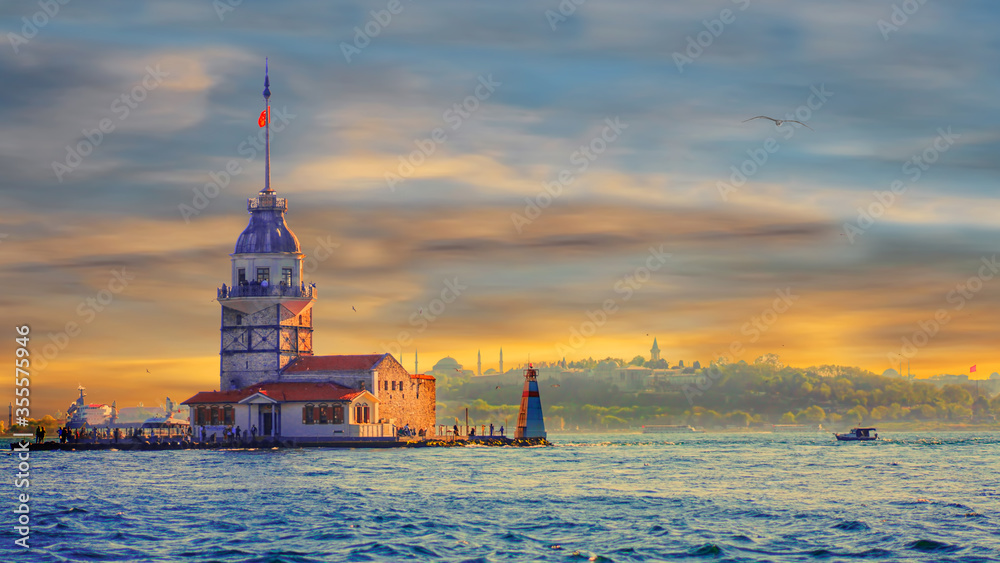 Awesome sunset Maiden's Tower in istanbul. Visit Turkey for tourism.