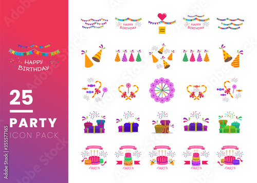 25 Set of Party Element Related Vector flat Icons isolated on white background. Contains such Icons as Confetti, Hat, Gift,Candy, Cake. Suitable for Birthday Party Event.