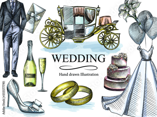 Watercolor colorfu sketch of wedding set. The set includes wedding gown, tuxedo, engagement rings, invitation cards, 3-tier wedding cake, champagne and a glass, carriage, boutonniere, wedding shoes 