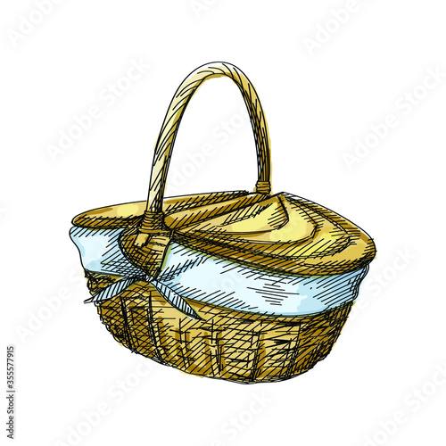 Watercolor colorful Hand-drawn sketch of a round basket with split, dual-entry lid and blend liner for picnic on a white background.	
